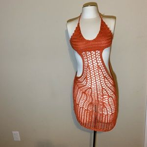 Orange Crocheted fishnet bikini coverup